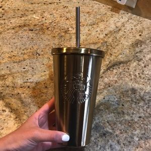 16oz Metallic Gold Starbucks cup w/straw